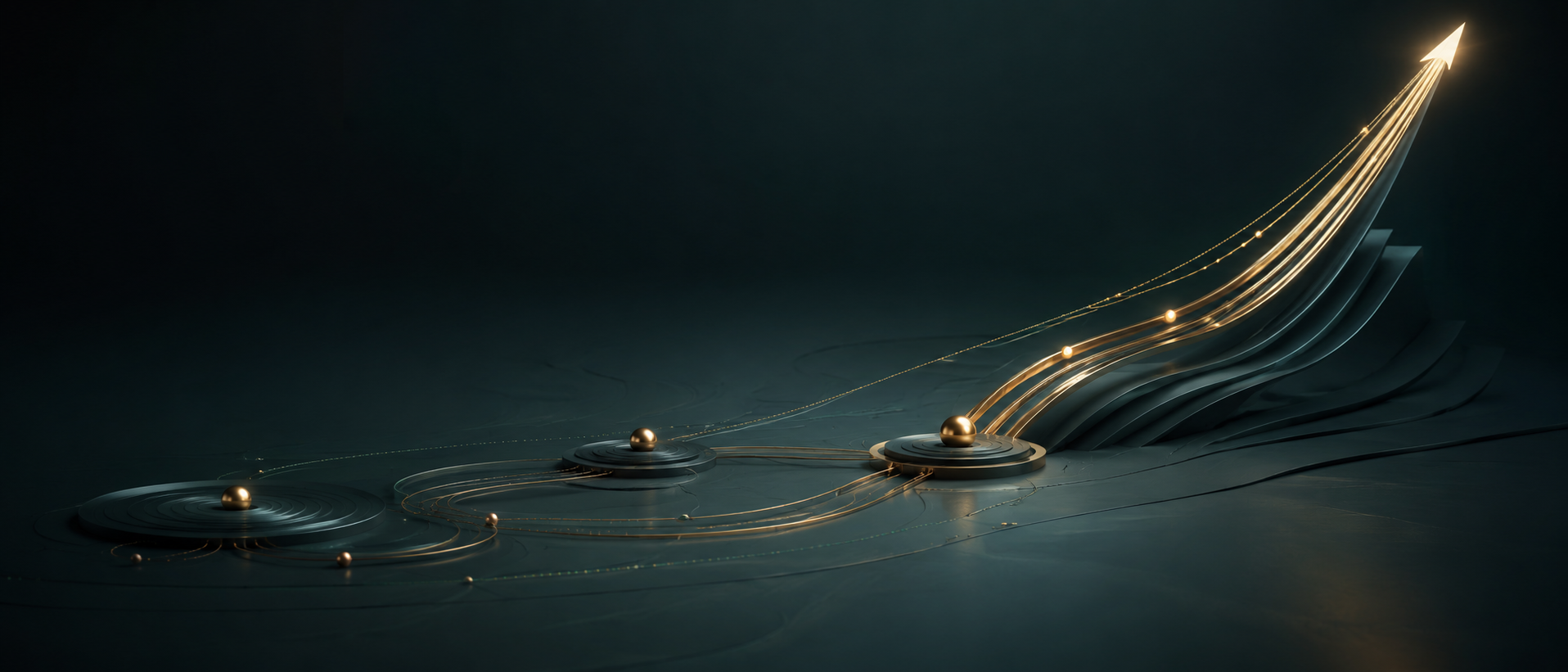 Connected business pathways aligning and rising toward a clear strategic direction