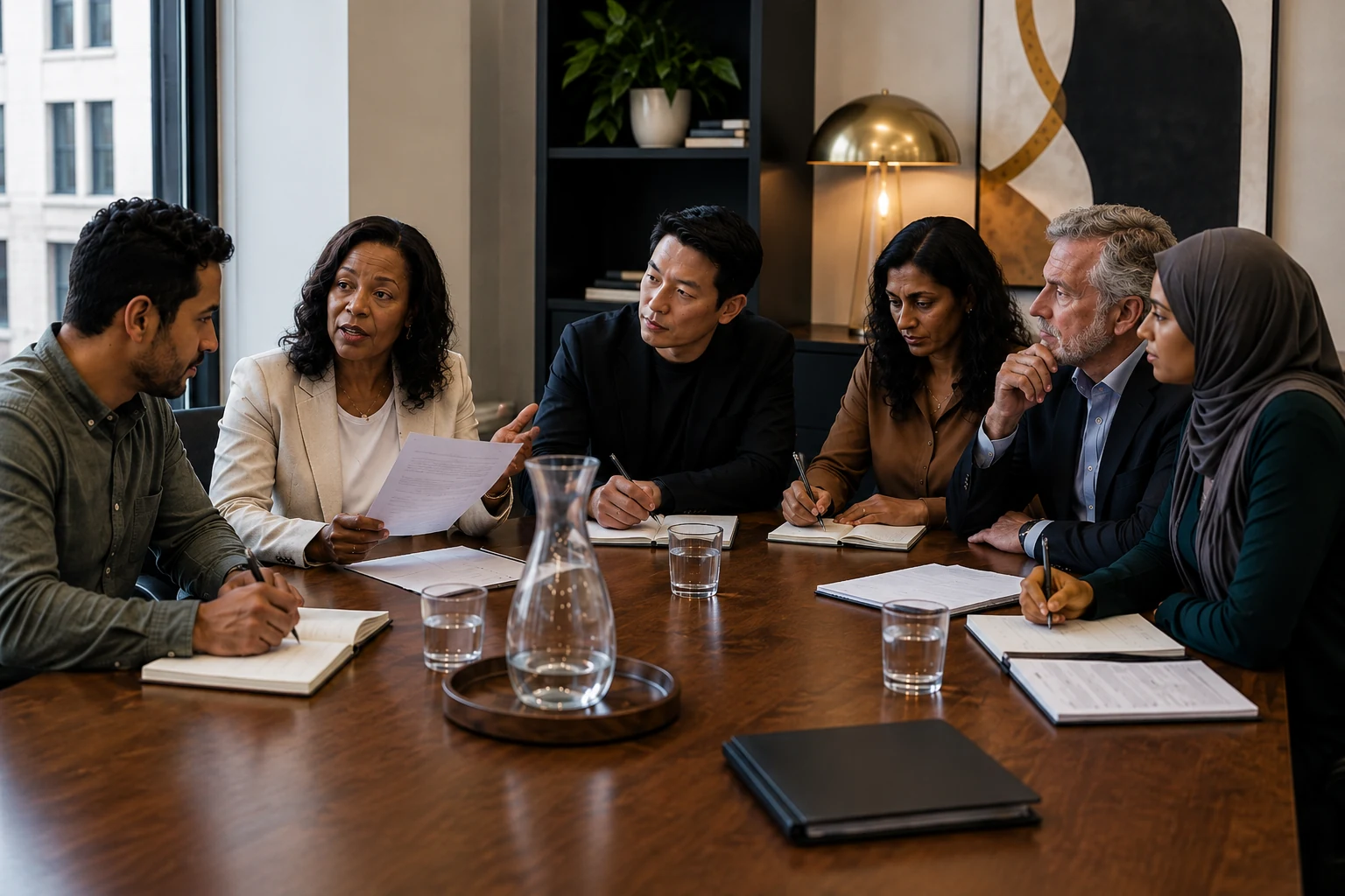 Black woman leading a diverse group of professionals in a collaborative executive discussion