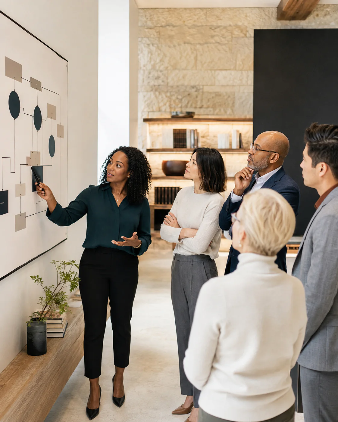 Black woman leading a collaborative process workshop with a diverse group of professionals